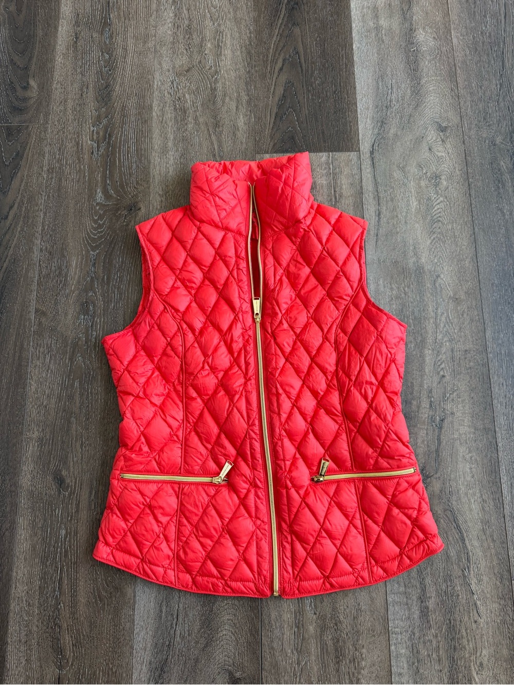 Michael Kors Orange Red Quilted Sleeveless Puffer Vest with Gold Zippers Medium